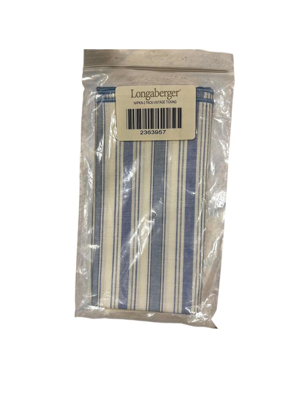 Longaberger VINTAGE TICKING Napkins Set Of 2 Blue White stripe Fabric 18" square